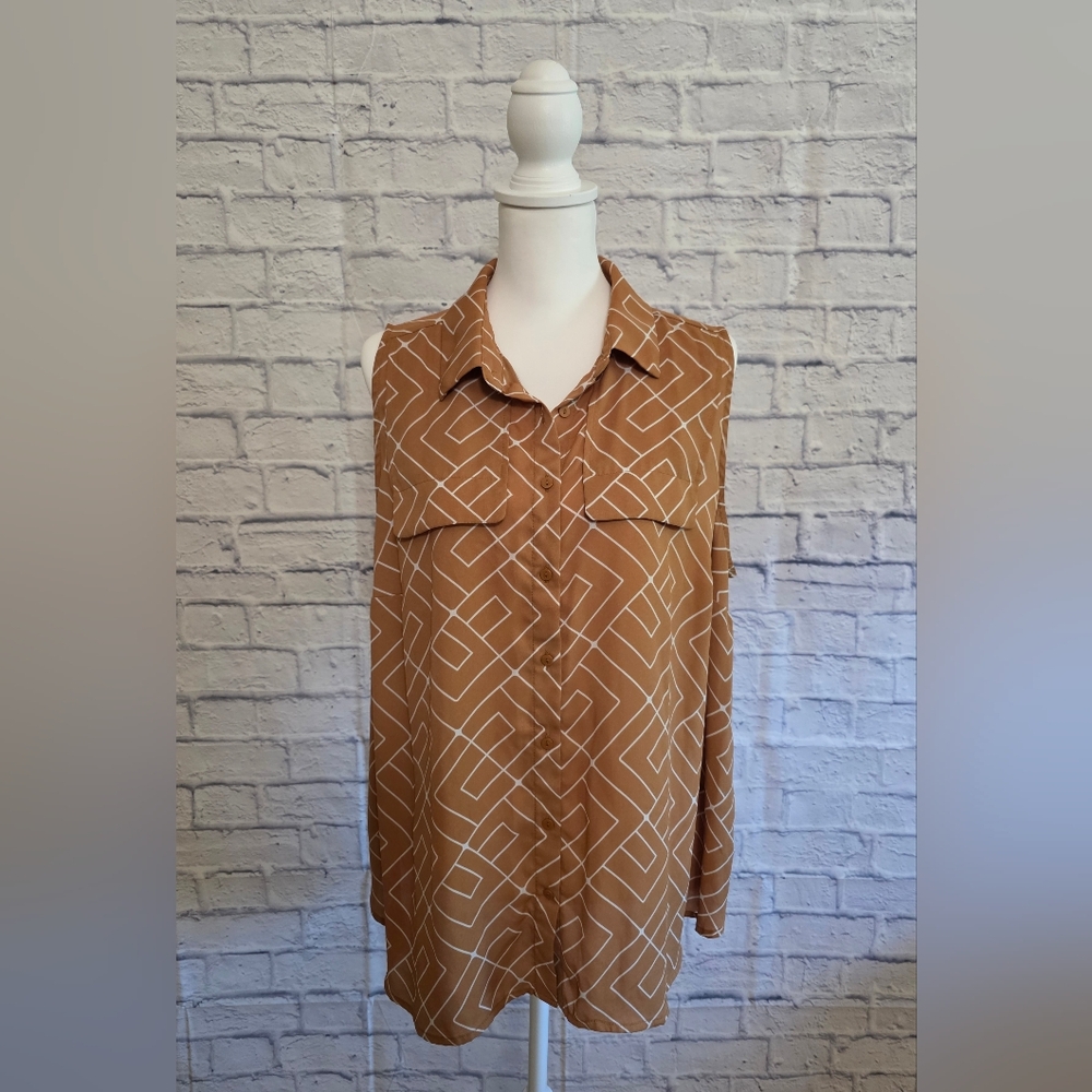 Worthington Mustard Geometric Sleeveless Blouse
